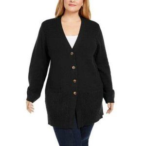 Karen Scott Ribbed Knit Button Front Cardigan Plus